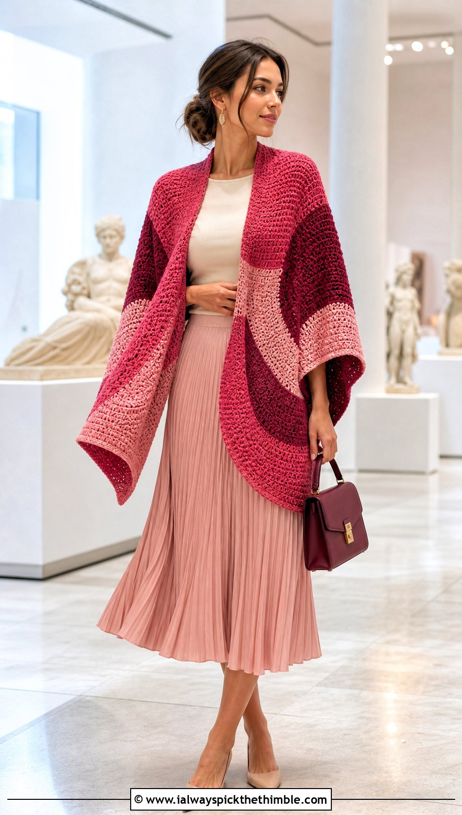 Color Block Circle Poncho With Pleated Skirt - 20 Crochet Circle Poncho outfit ideas