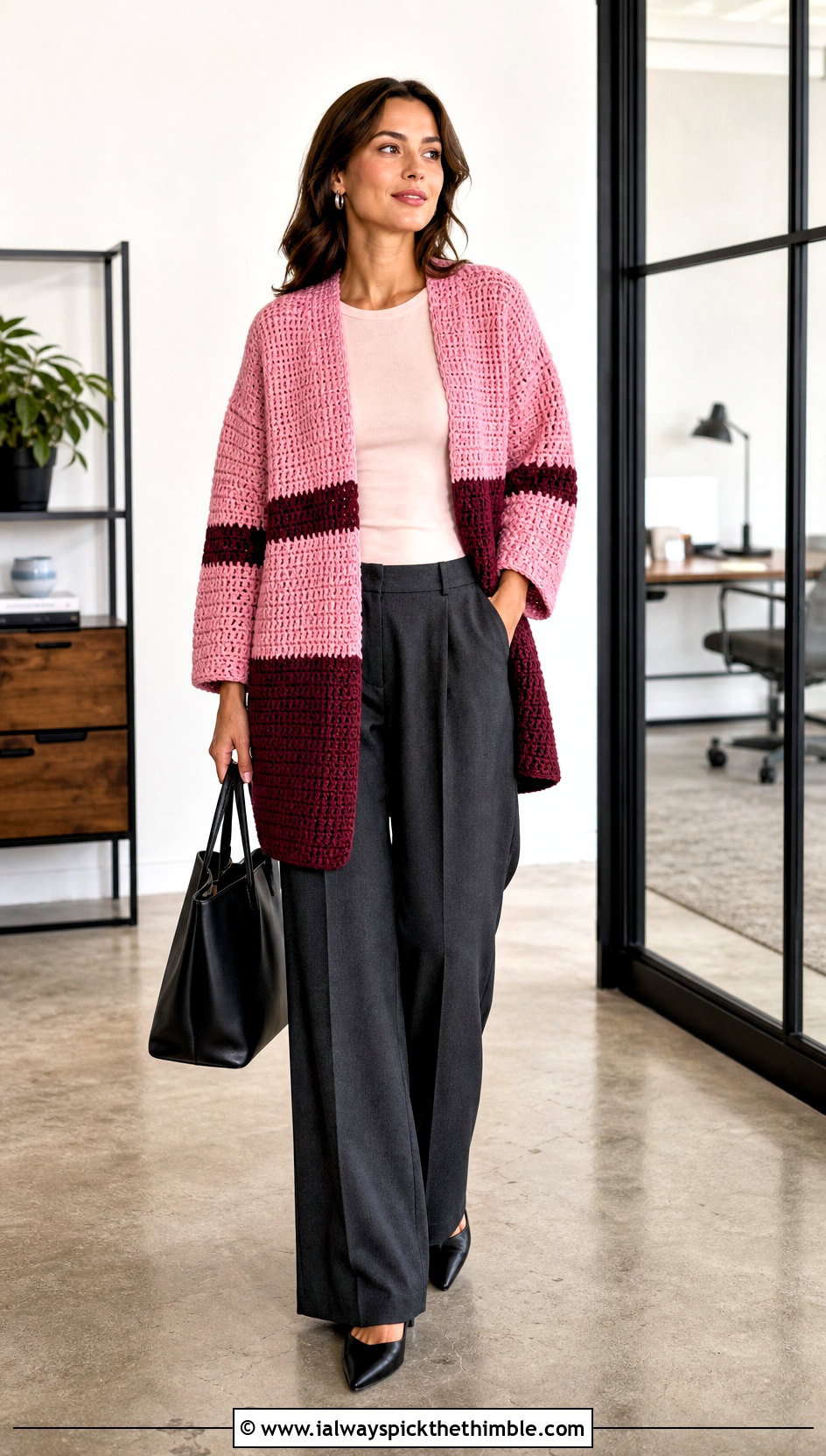 Color Block Cocoon Crochet Cardigan With Tailored Trousers - 20 Cocoon Crochet Cardigan outfit ideas