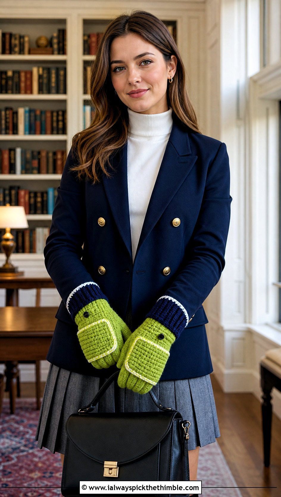 Color Block Convertible Mittens With Blazer And Pleated Skirt - 20 Crochet Convertible Mittens outfit ideas