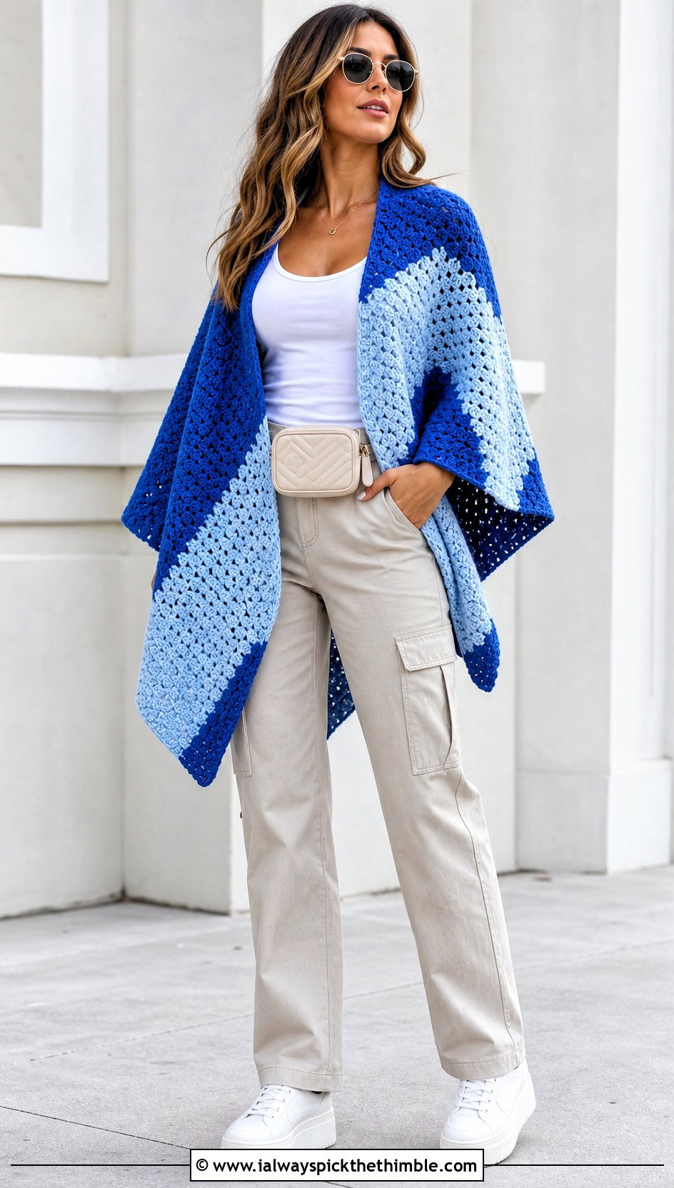 Color Block Corner To Corner Crochet Poncho With Cargo Pants - 15 Corner To Corner Crochet Poncho outfit ideas