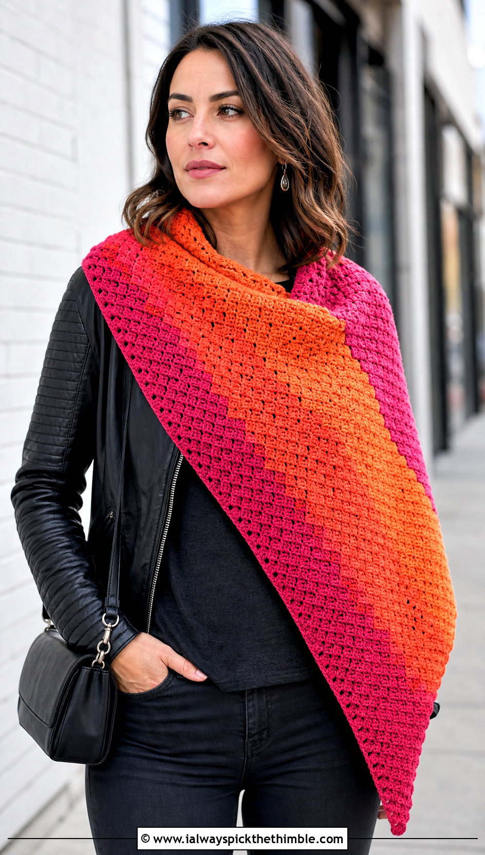 Color Block Corner To Corner Crochet Shawl With Leather Jacket - 15 Corner To Corner Crochet Shawl outfit ideas