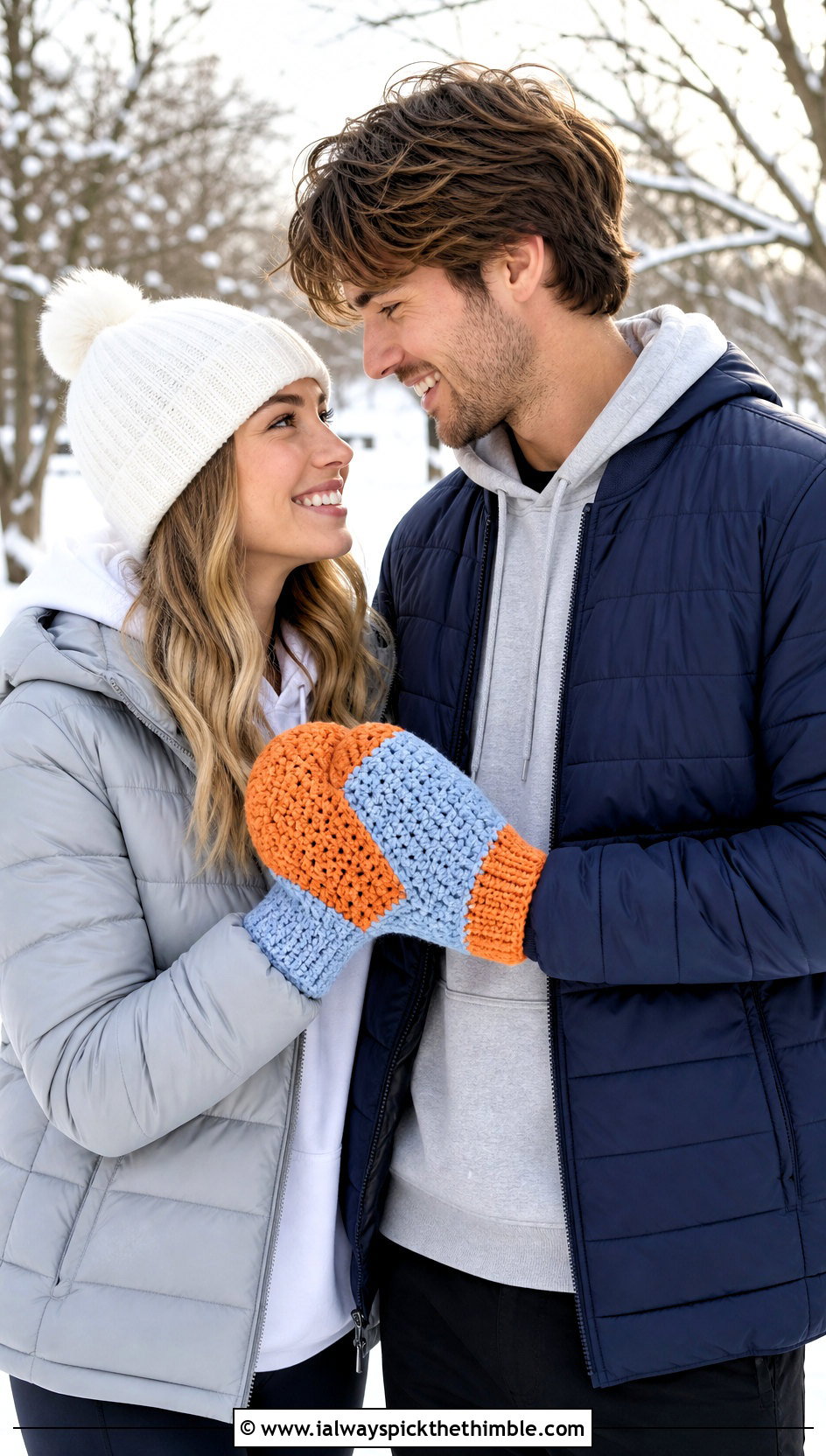 Color Block Couple Mittens With Puffer Jackets - 20 crochet couple mittens outfit ideas