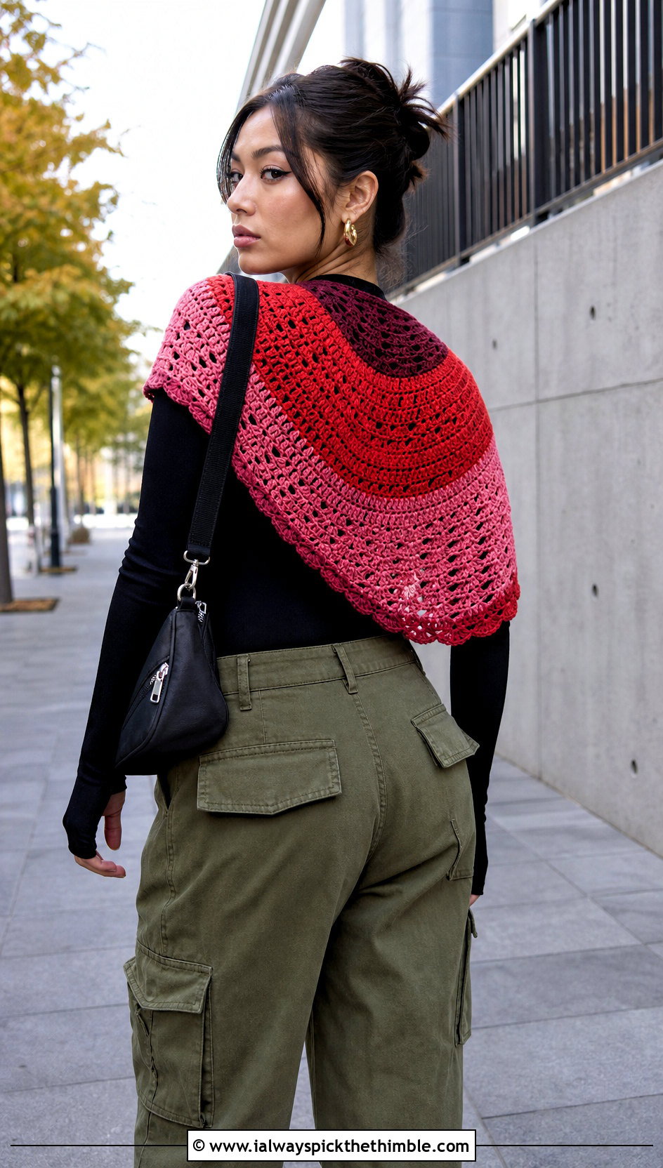 Color Block Crescent Crochet Shawl With Cargo Pants - 20 Crescent Crochet Shawl outfit ideas