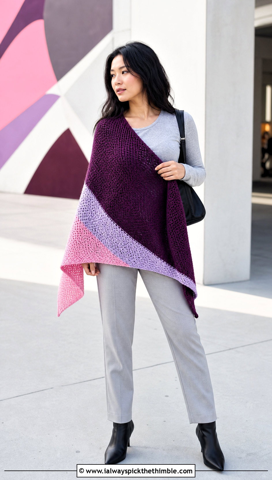 Color Block Crescent Moon Shawl With Monochrome Outfit - 15 Crochet Moon Shawl outfit ideas