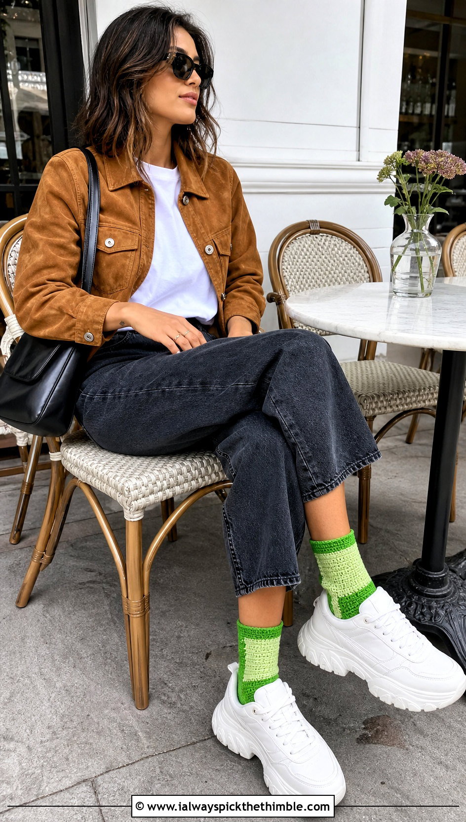 Color Block Crew Crochet Socks With Wide Leg Jeans - 20 Crochet Socks For Women outfit ideas
