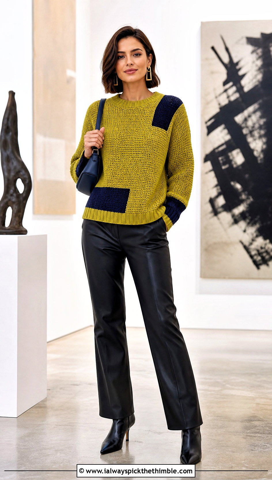 Color Block Crew Neck Crochet Pullover With Leather Pants - 20 women crochet pullover outfit ideas