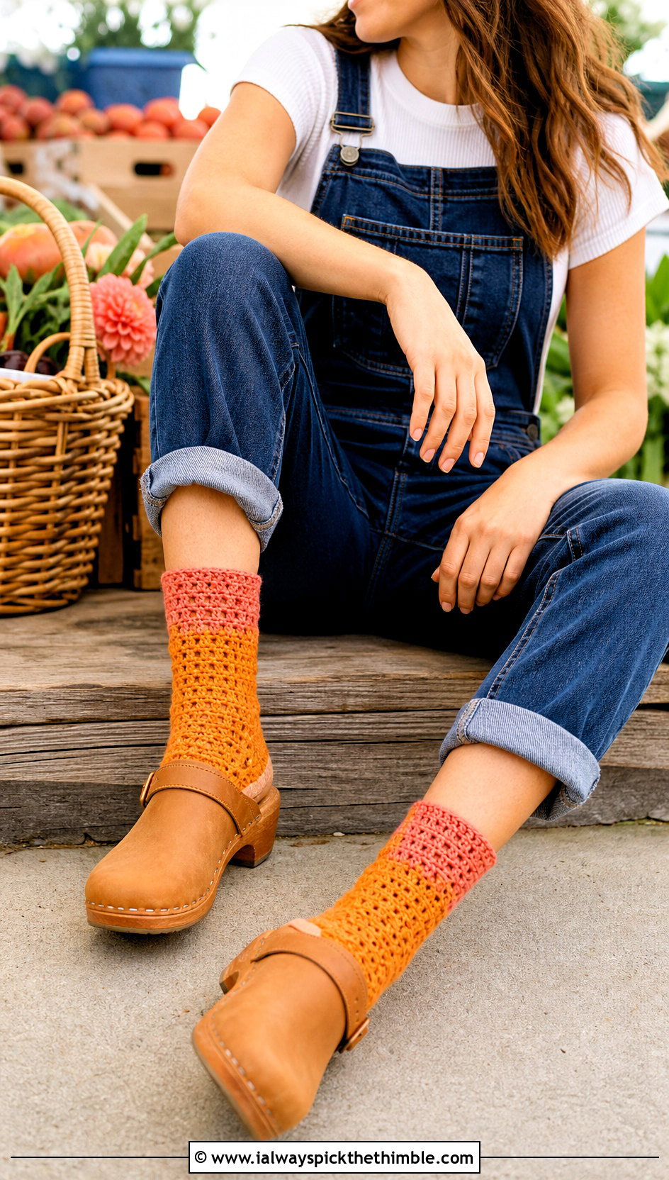 Color Block Crochet Ankle Socks With Clogs And Overalls - 25 easy crocheted socks outfit ideas