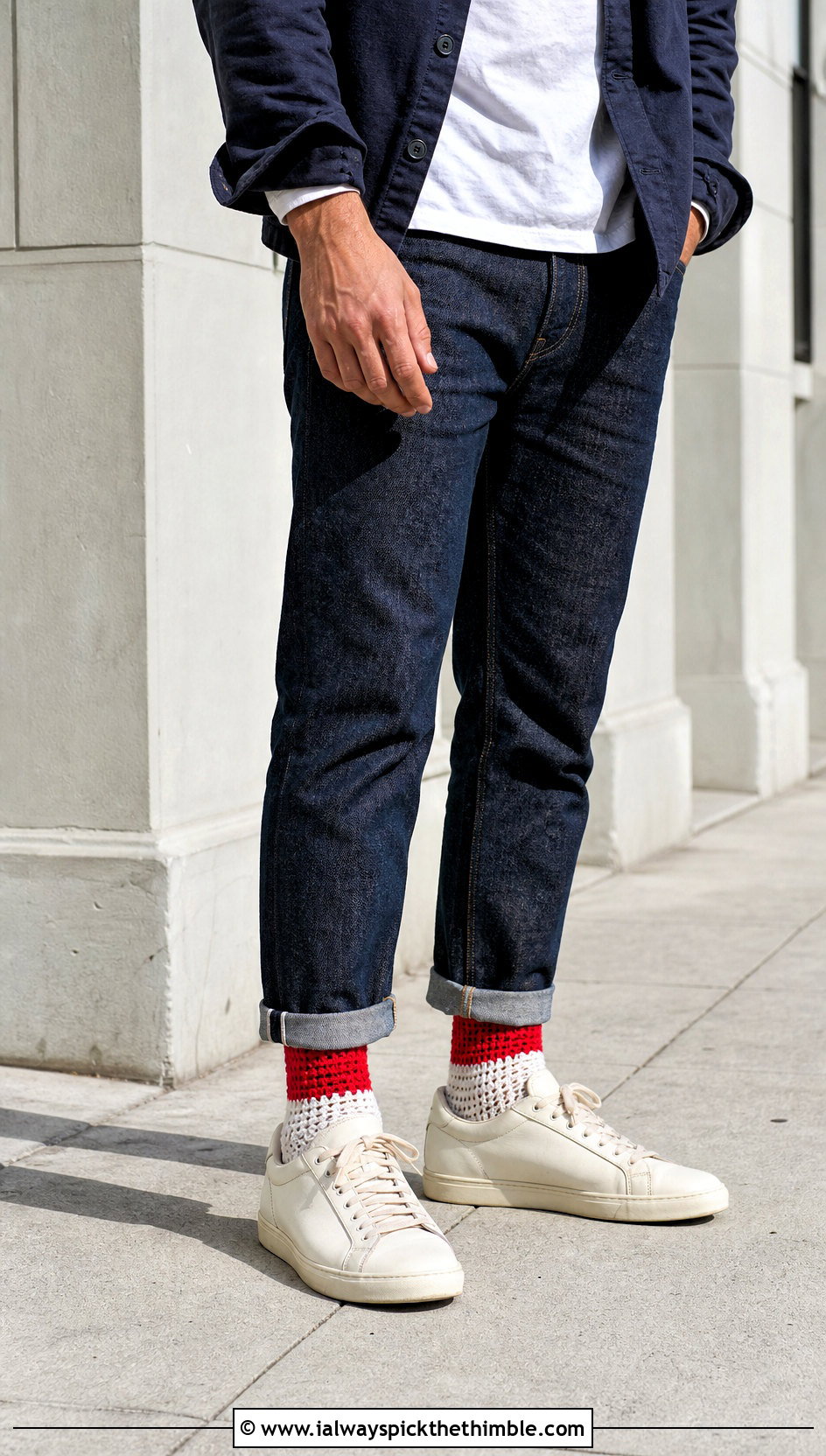 Color Block Crochet Ankle Socks With Selvedge Jeans - 20 Mens Crochet Socks outfit ideas