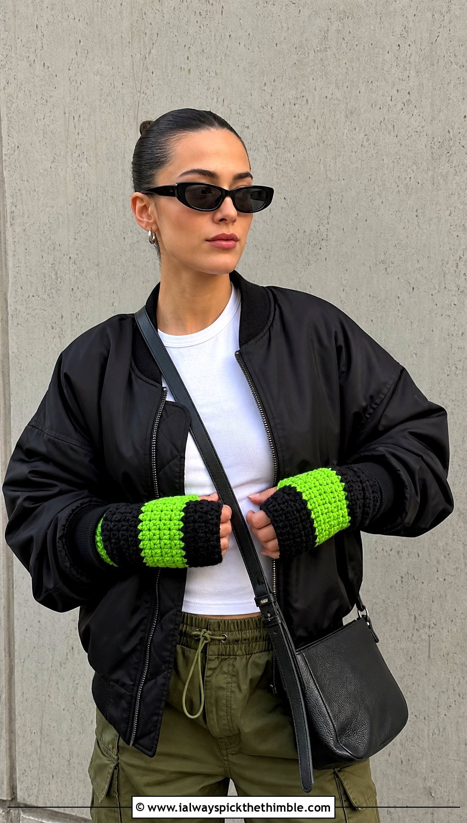 Color Block Crochet Arm Warmers With Bomber Jacket - 25 crochet hand warmer outfit ideas