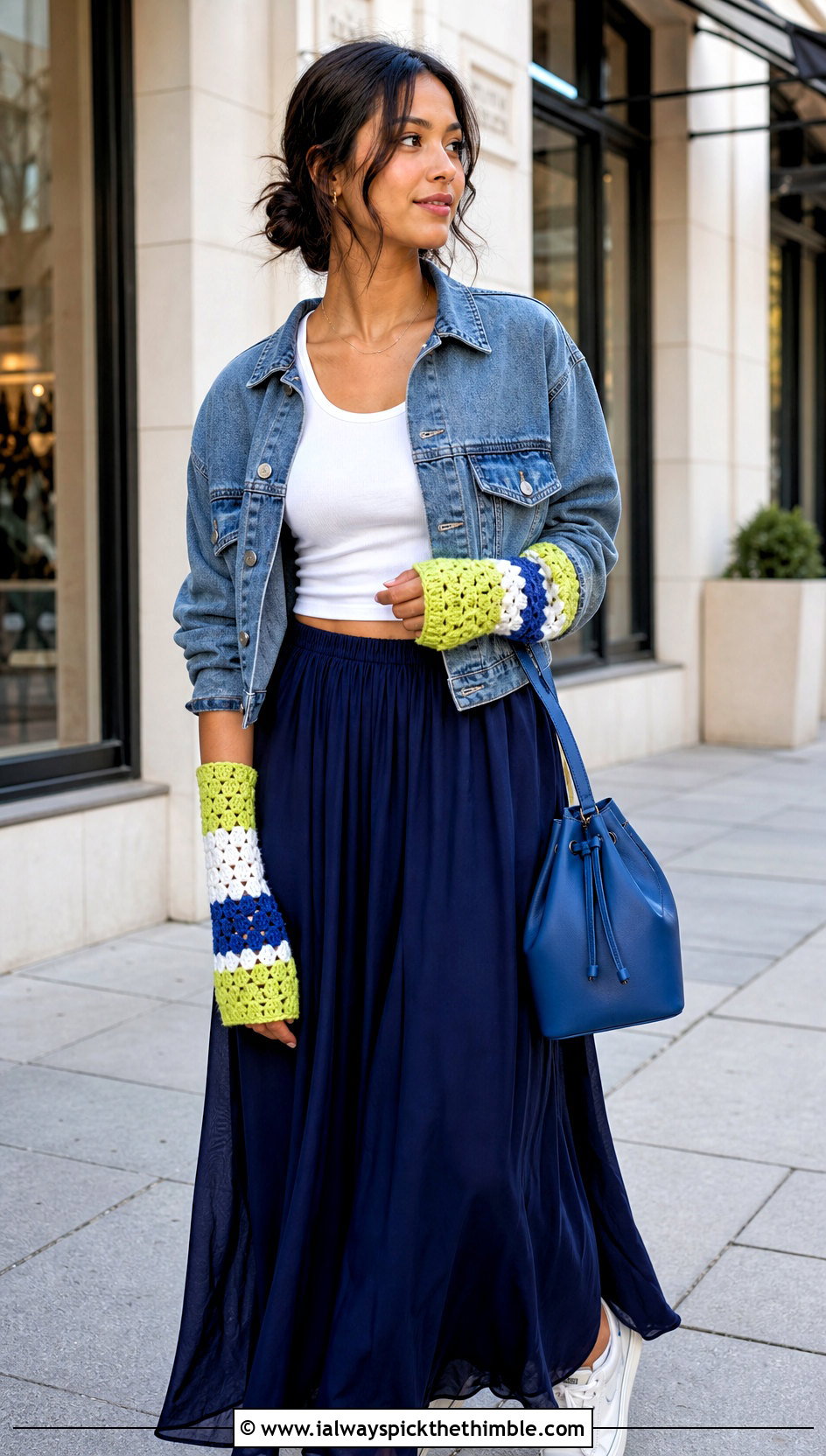 Color Block Crochet Arm Warmers With Denim Jacket And Maxi Skirt - 20 Crochet Arm Warmer outfit ideas