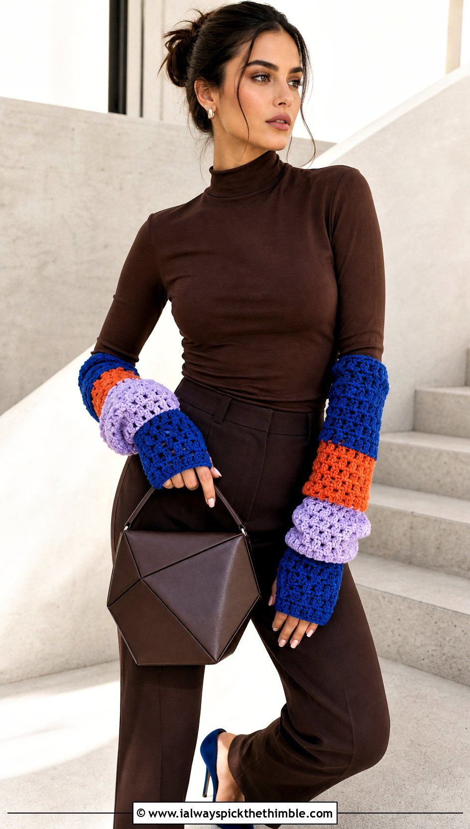 Color Block Crochet Arm Warmers With Monochrome Pants Outfit - 25 crochet arm warmers outfit ideas