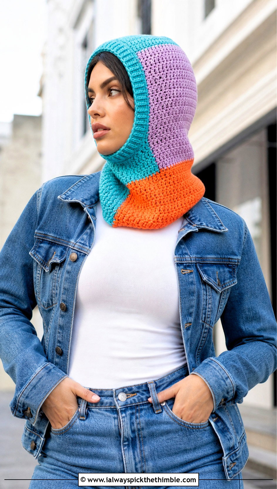 Color Block Crochet Balaclava With Denim Suit - 20 crochet balaclava ski mask outfit ideas