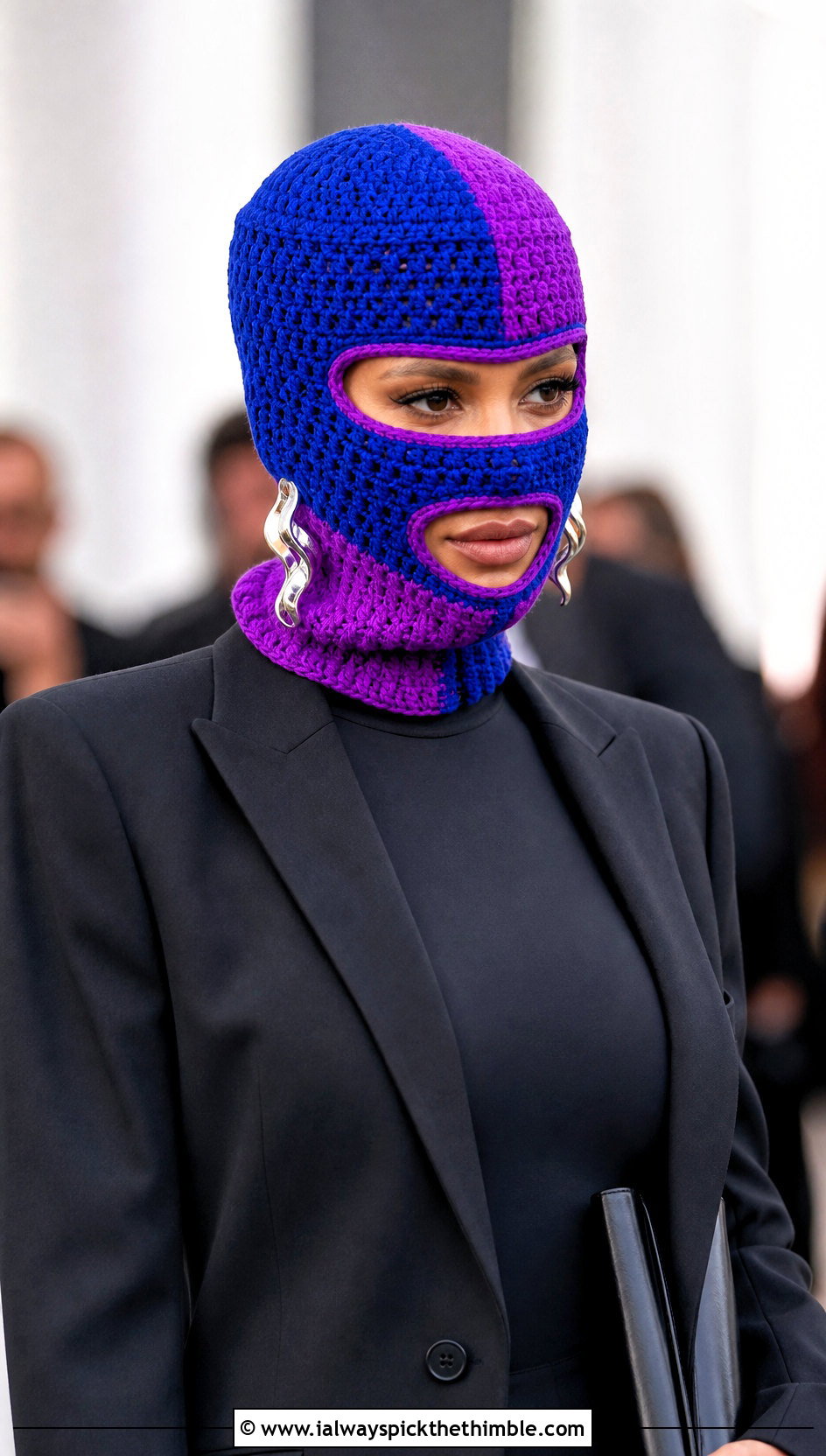 Color Block Crochet Balaclava With Monochrome Suit - 20 hooded crochet balaclava outfit ideas
