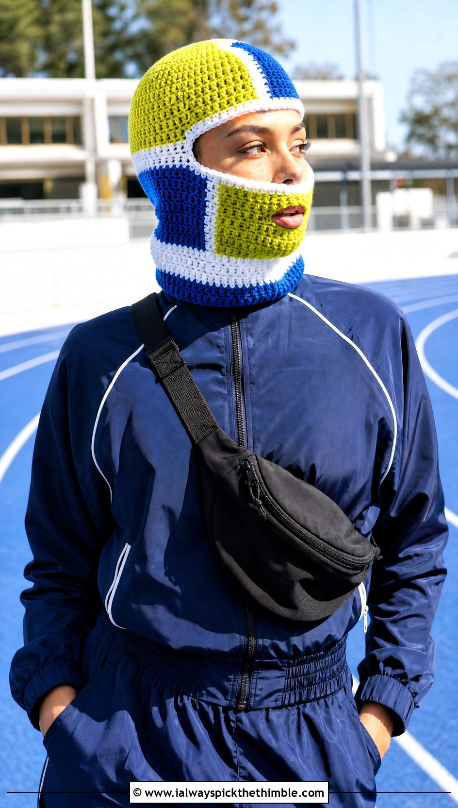 Color Block Crochet Balaclava With Track Pants - 20 easy crochet balaclava outfit ideas