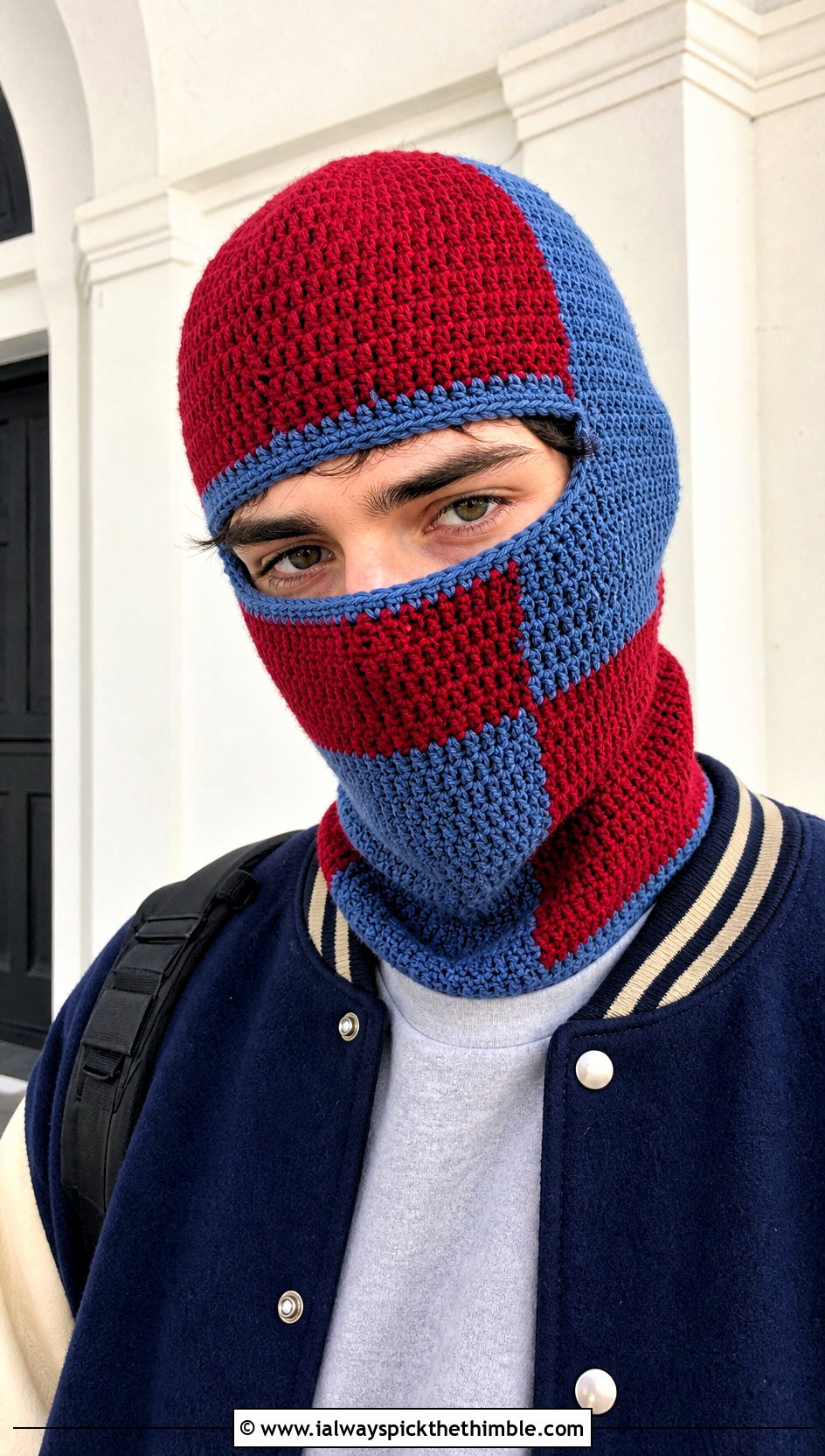 Color Block Crochet Balaclava With Varsity Jacket - 20 crochet balaclava for men outfit ideas