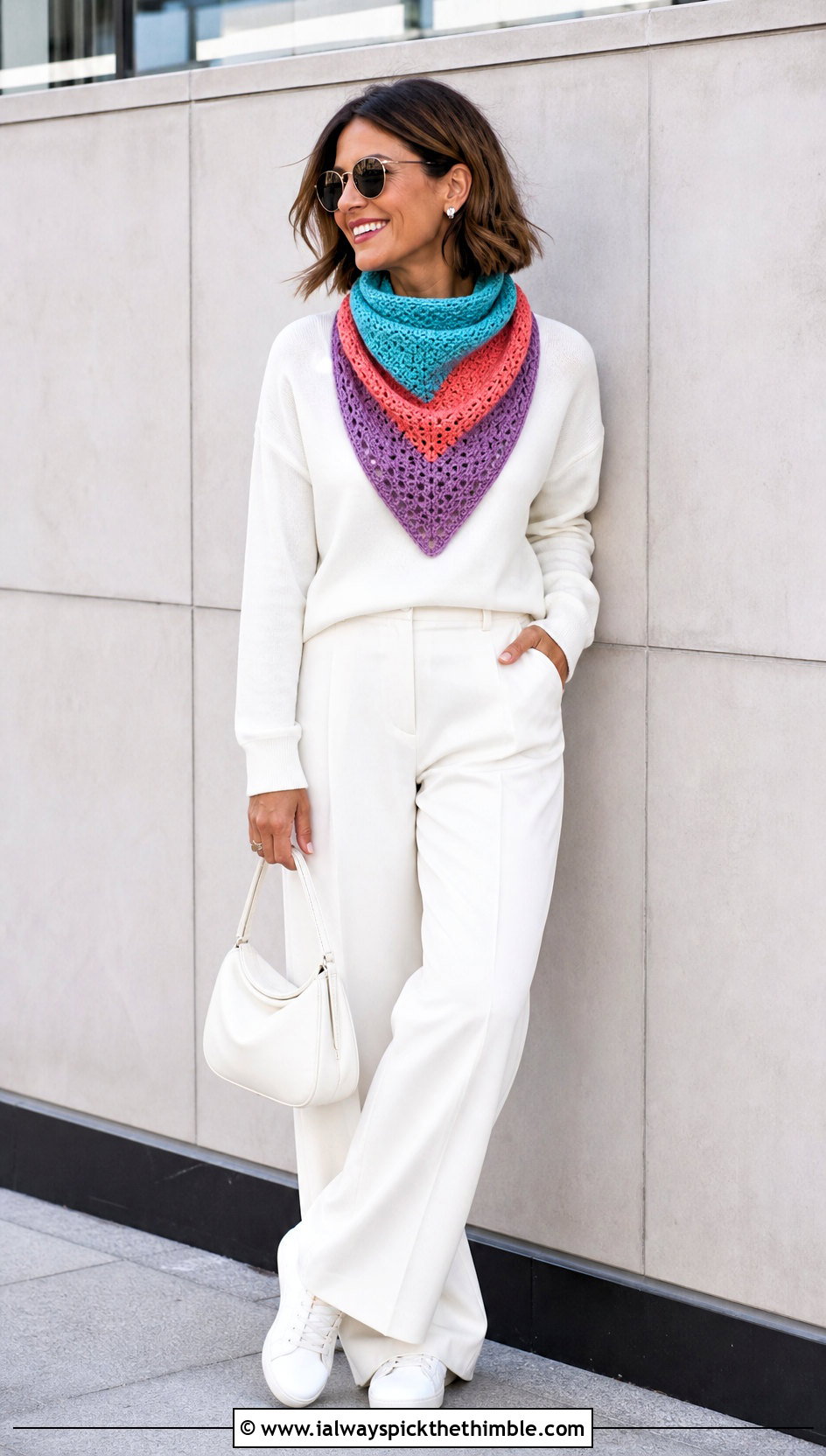 Color Block Crochet Bandana Cowl With Monochrome Outfit - 20 crochet bandana cowl outfit ideas