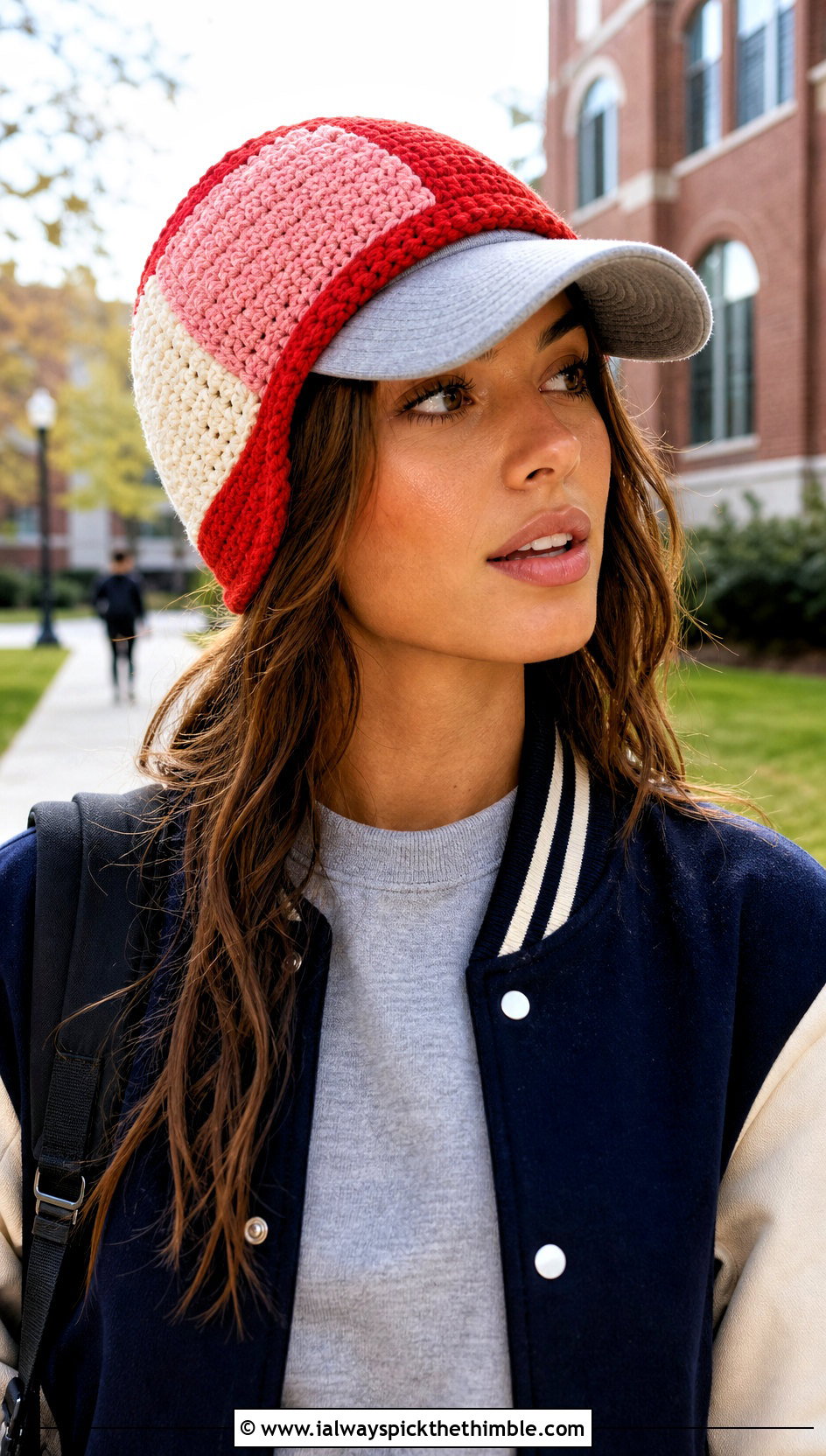 Color Block Crochet Baseball Cap Ear Warmer With Varsity Jacket - 20 crochet baseball cap ear warmer outfit ideas