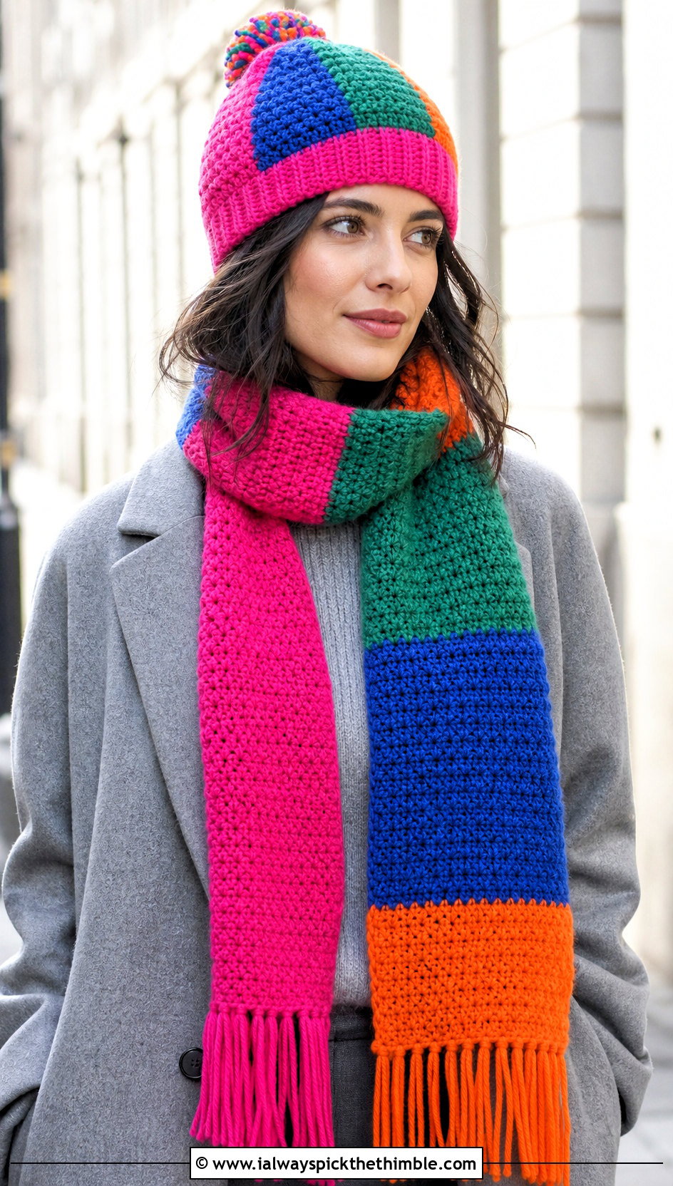 Color Block Crochet Beanie And Fringed Scarf With Monochrome Outfit - 25 crochet hat and scarf set outfit ideas