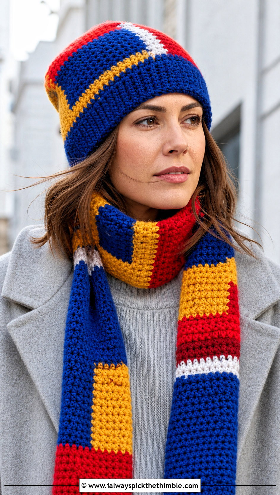 Color Block Crochet Beanie And Scarf With Monochrome Outfit - 20 crochet hat scarf outfit ideas