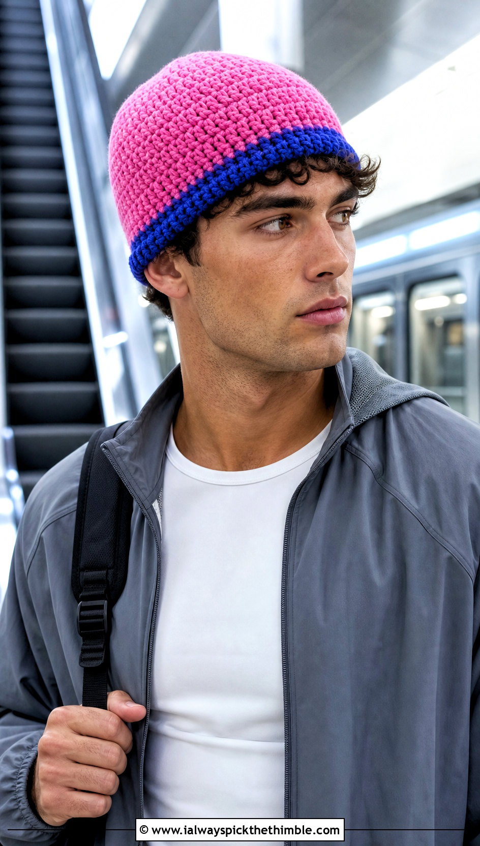 Color Block Crochet Beanie With Athleisure Outfit - 20 Crochet Mens Winter Hat outfit ideas