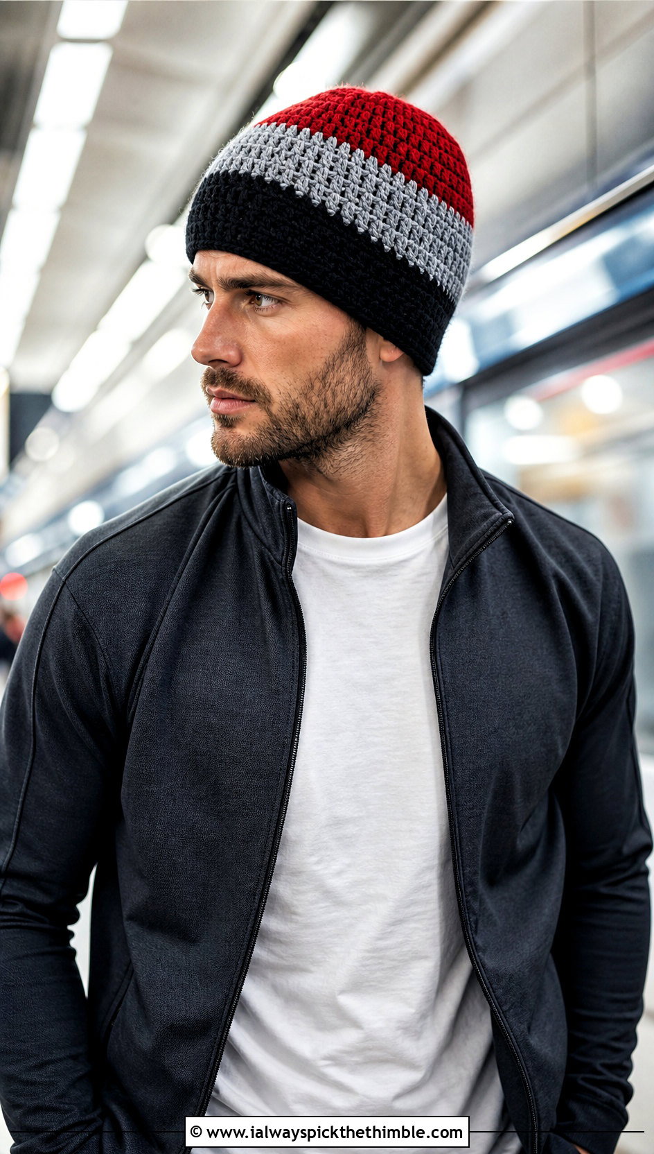 Color Block Crochet Beanie With Athleisure Outfit - 20 crochet hat ideas for men