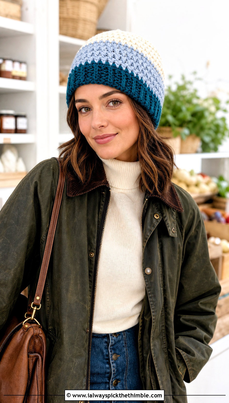 Color Block Crochet Beanie With Barn Jacket And Denim Skirt - 20 country cottage crochet beanie outfit ideas