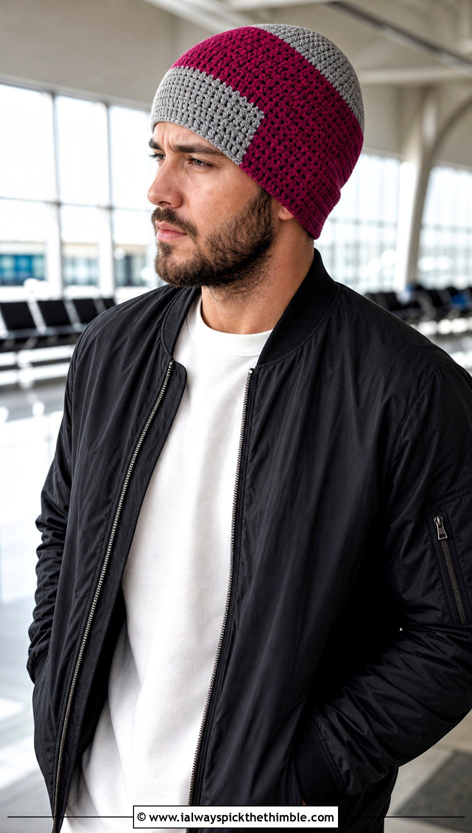 Color Block Crochet Beanie With Bomber Jacket - 25 crochet hats for men outfit ideas