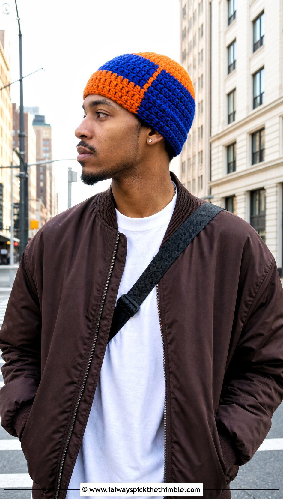 Color Block Crochet Beanie With Bomber Jacket - 25 men's crochet hat outfit ideas