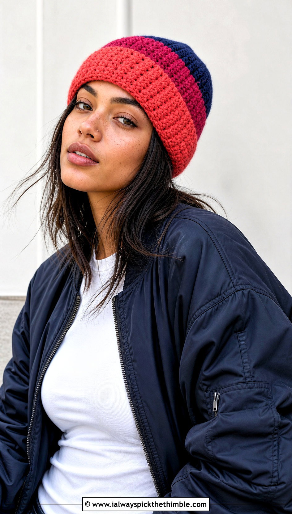Color Block Crochet Beanie With Bomber Jacket And Parachute Pants - 20 winter crochet beanie outfit ideas