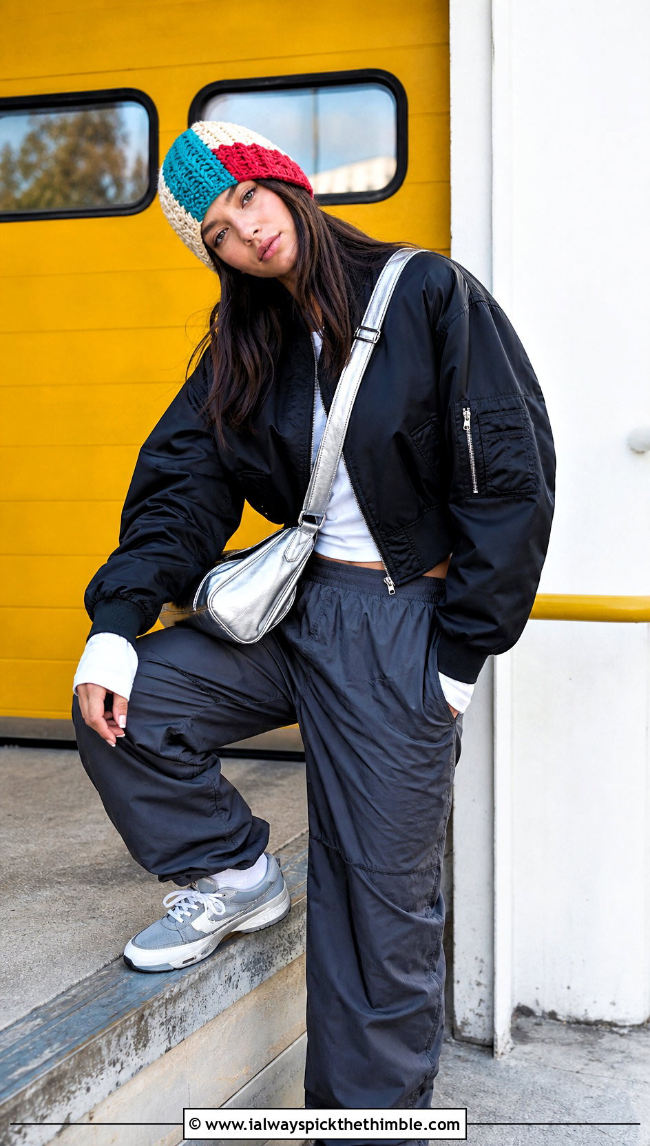 Color Block Crochet Beanie With Bomber Jacket And Parachute Pants - 20 Fast Crochet Beanie outfit ideas