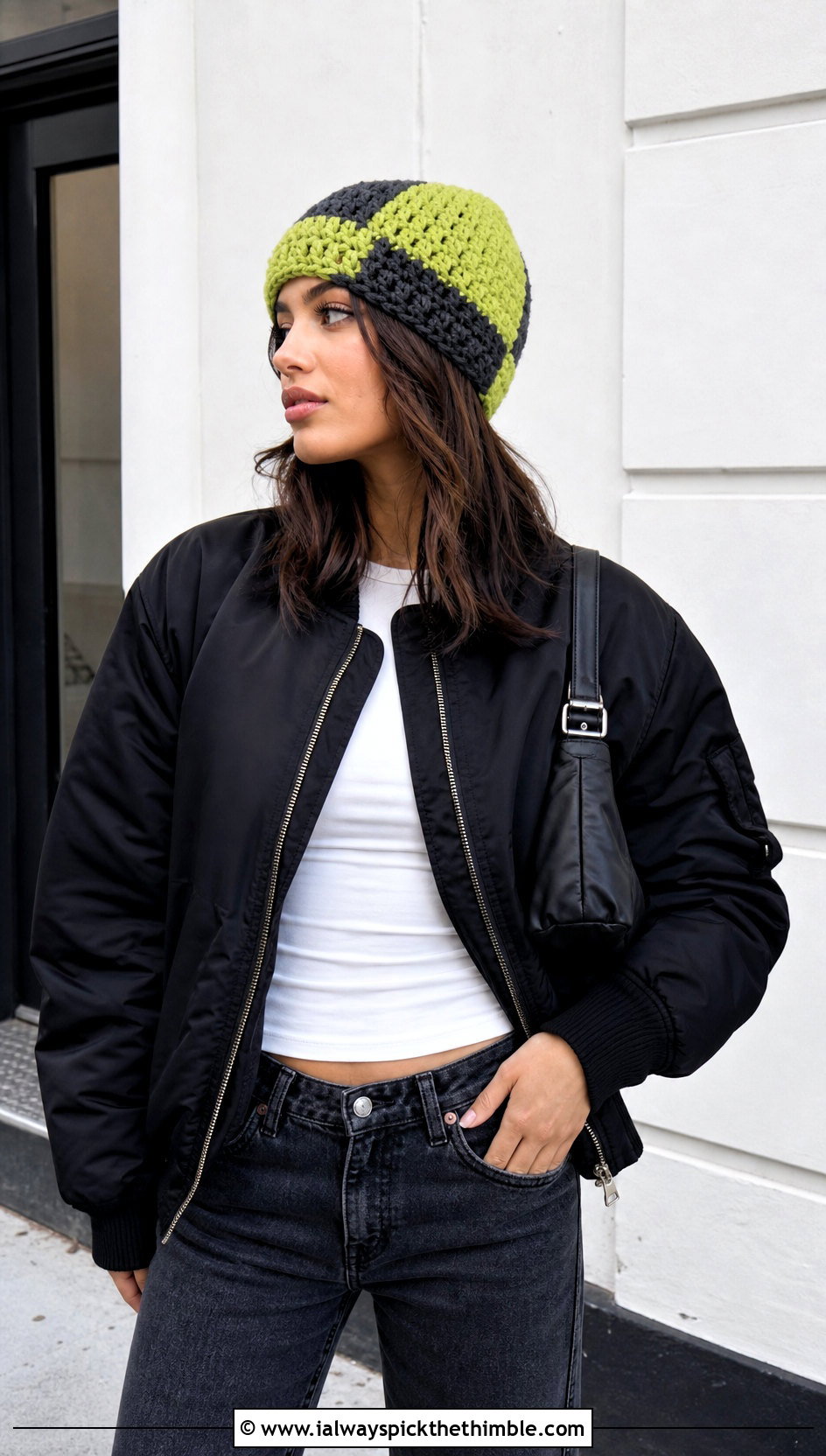 Color Block Crochet Beanie With Bomber Jacket And Straight Jeans - 20 beginner crochet beanie outfit ideas