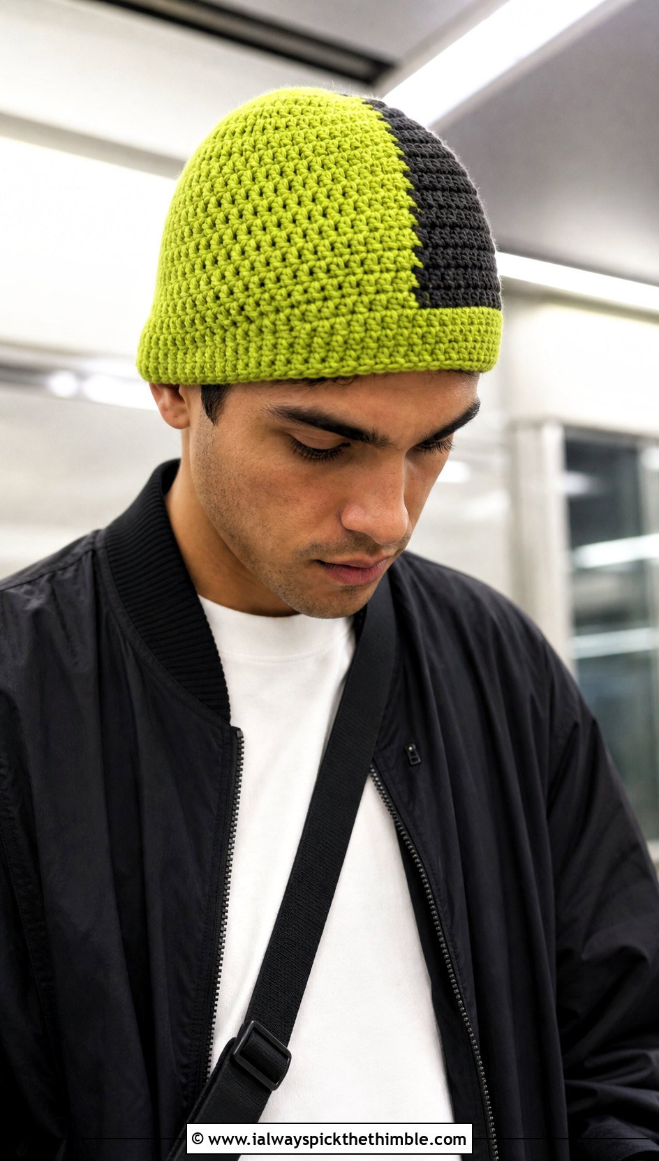Color Block Crochet Beanie With Bomber Jacket - 20 Easy Mens Crochet Beanie outfit ideas