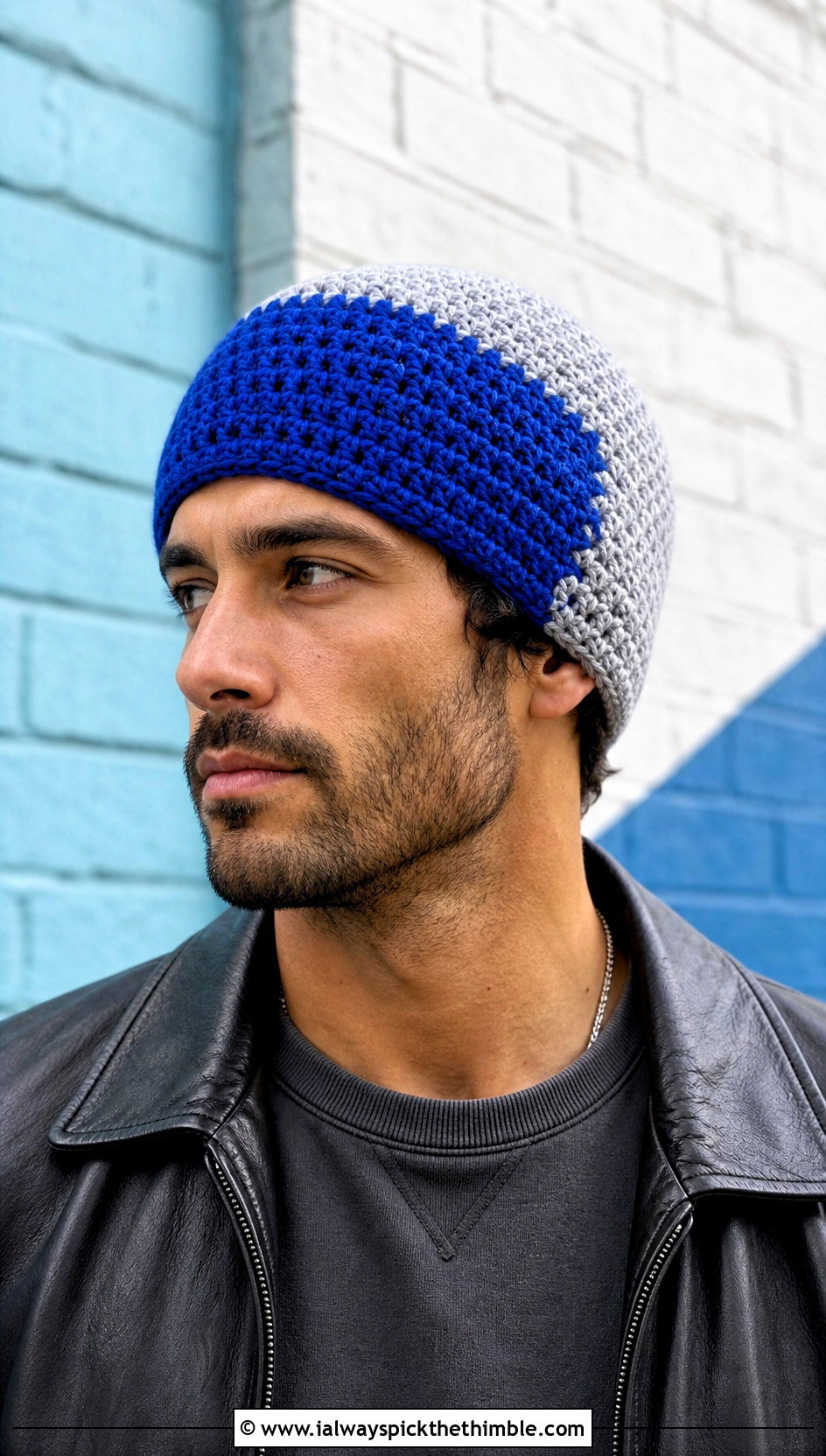 Color Block Crochet Beanie With Leather Jacket And Gray Jeans - 25 crochet hat for men outfit ideas