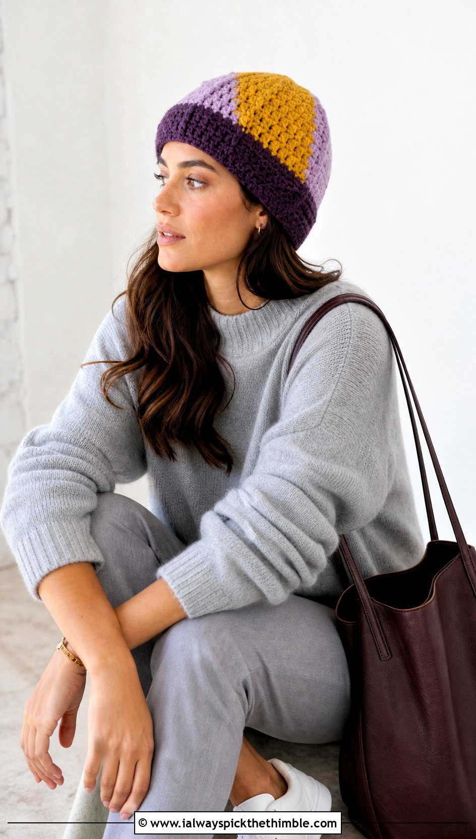 Color Block Crochet Beanie With Matching Knit Set - 25 easy crochet beanie womens outfit ideas