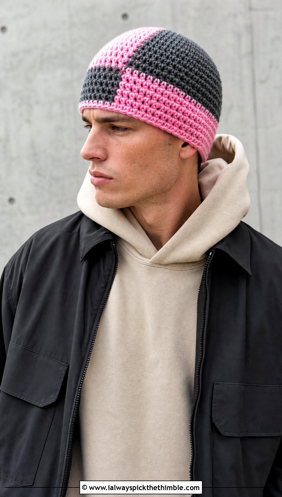 Color Block Crochet Beanie With Minimal Streetwear - 25 Men Crochet Beanie outfit ideas