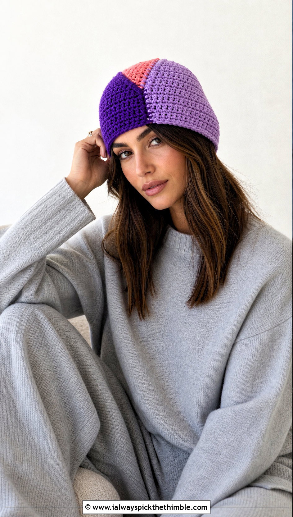 Color Block Crochet Beanie With Monochrome Knit Set - 25 easy crochet beanie outfit ideas