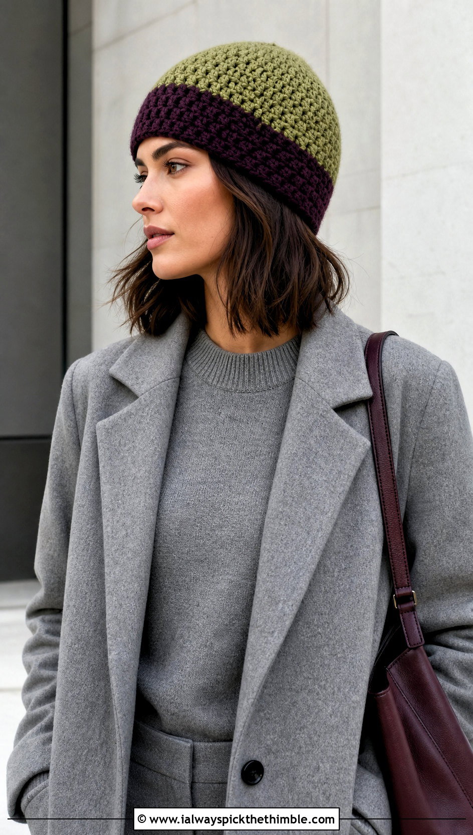 Color Block Crochet Beanie With Monochrome Outfit - 20 easy simple crochet hats for beginners outfit ideas