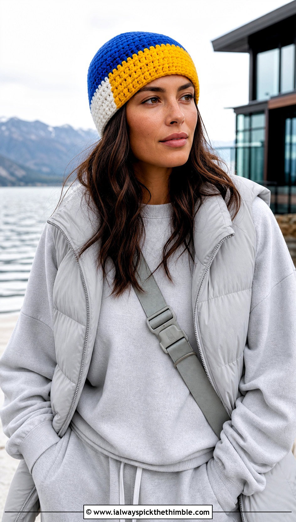 Color Block Crochet Beanie With Monochrome Outfit - 20 lakeside crochet beanie outfit ideas