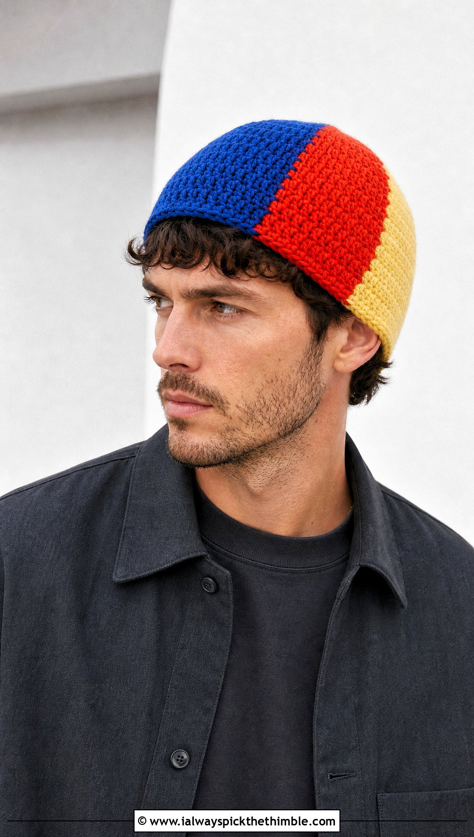 Color Block Crochet Beanie With Monochrome Outfit - 25 crochet cap for men outfit ideas