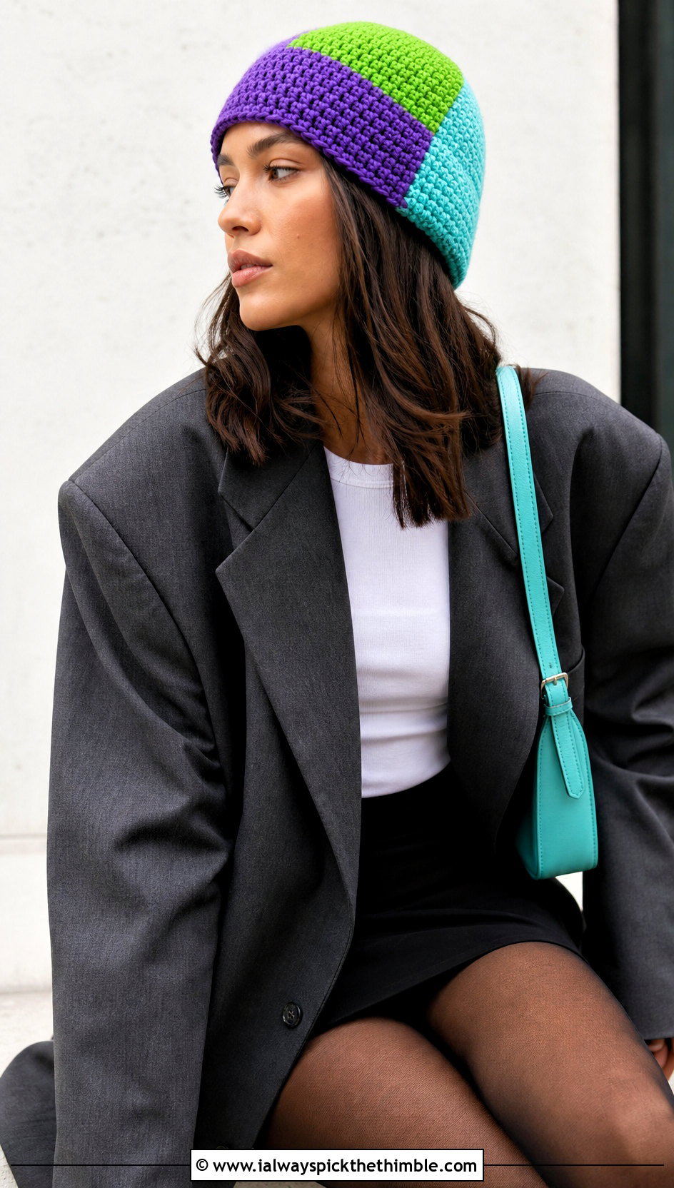 Color Block Crochet Beanie With Oversized Blazer And Mini Skirt - 20 Boho Crochet Beanie outfit ideas