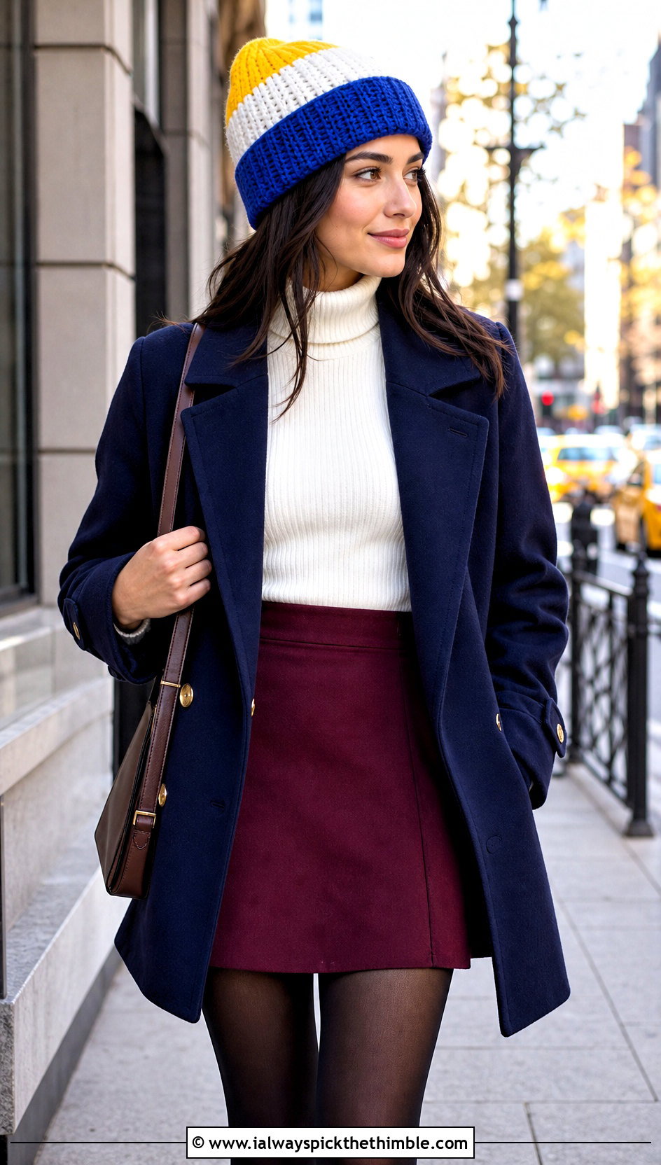 Color Block Crochet Beanie With Peacoat And Mini Skirt - 25 cute crochet beanie outfit ideas
