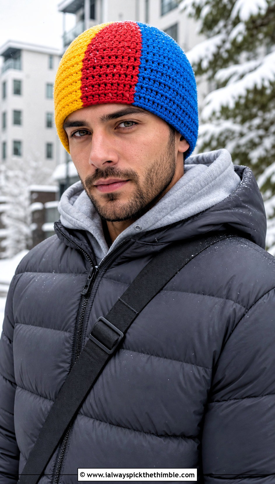 Color Block Crochet Beanie With Puffer Jacket - 25 mens crochet beanie outfit ideas