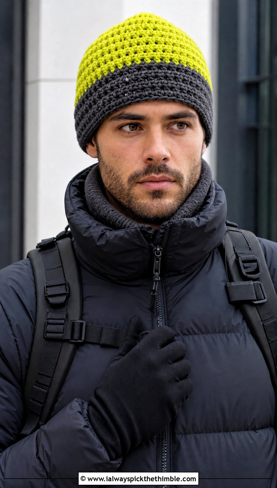 Color Block Crochet Beanie With Puffer Jacket - 15 men's crochet beanies outfit ideas