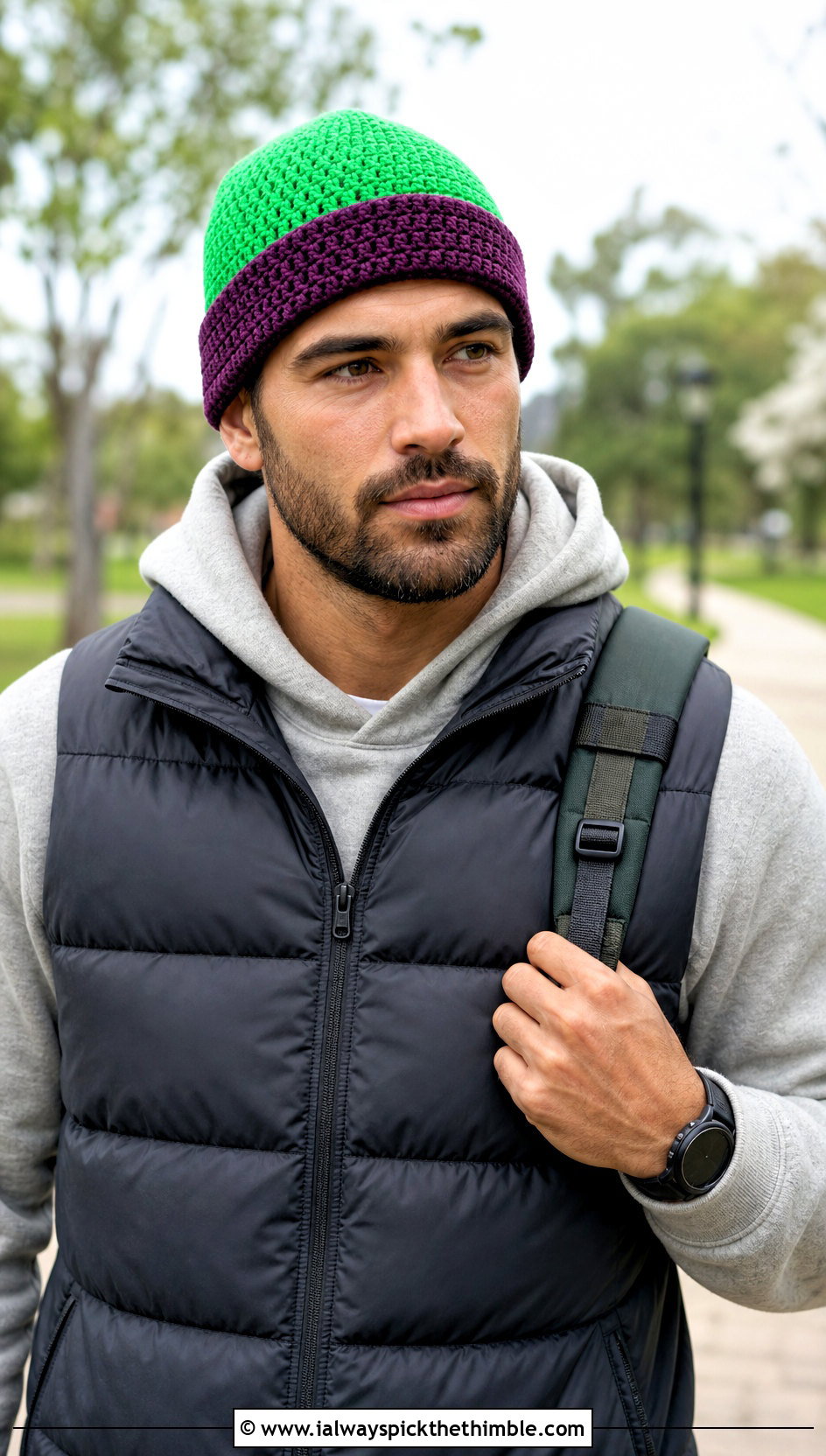 Color Block Crochet Beanie With Puffer Vest - 25 crochet beanie for men outfit ideas