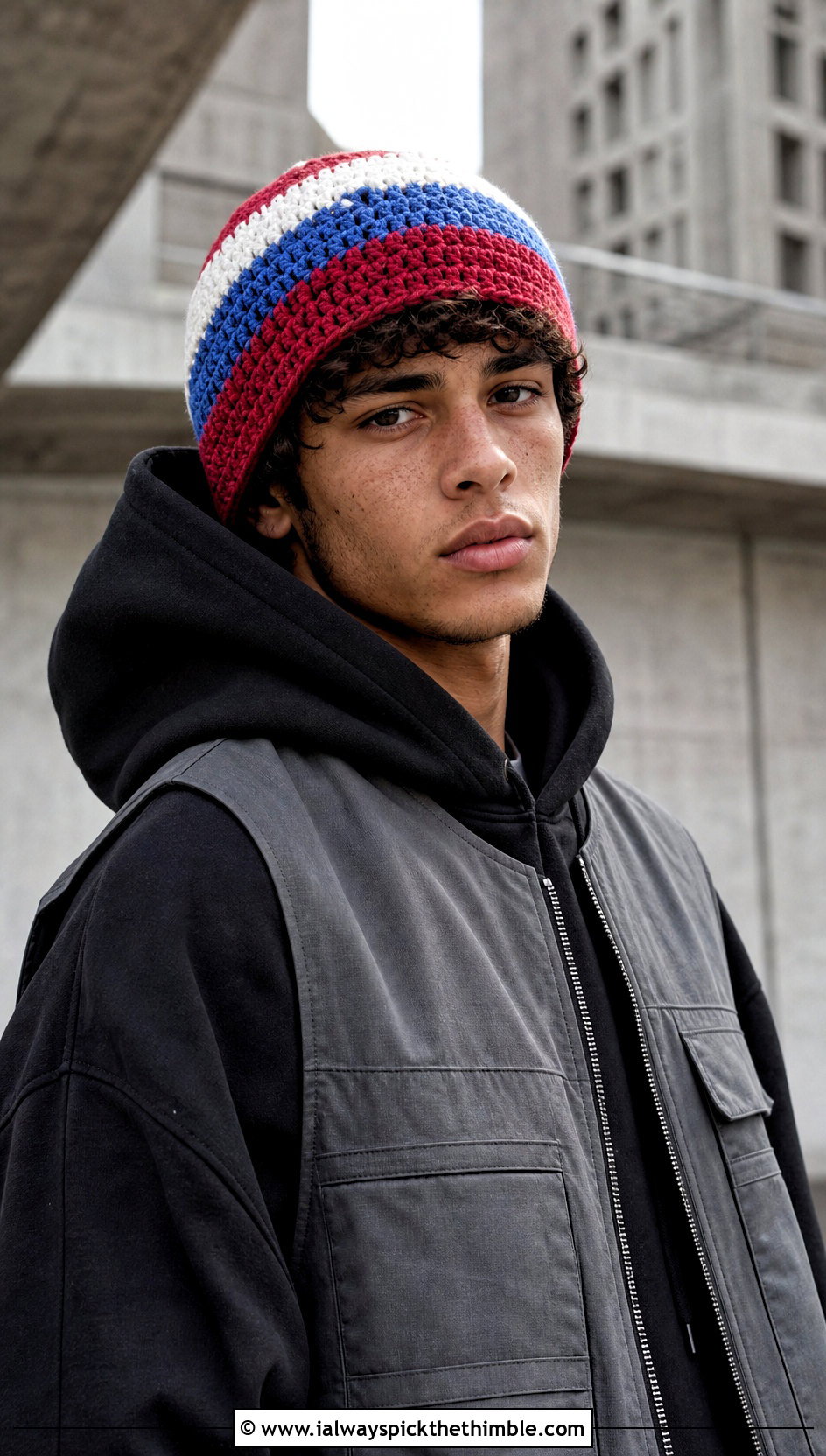 Color Block Crochet Beanie With Streetwear Outfit - 20 easy men's crochet beanie outfit ideas