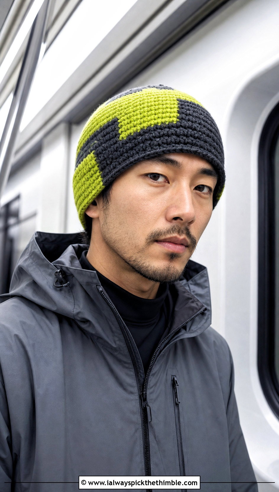 Color Block Crochet Beanie With Technical Jacket - 25 men's crochet beanie outfit ideas