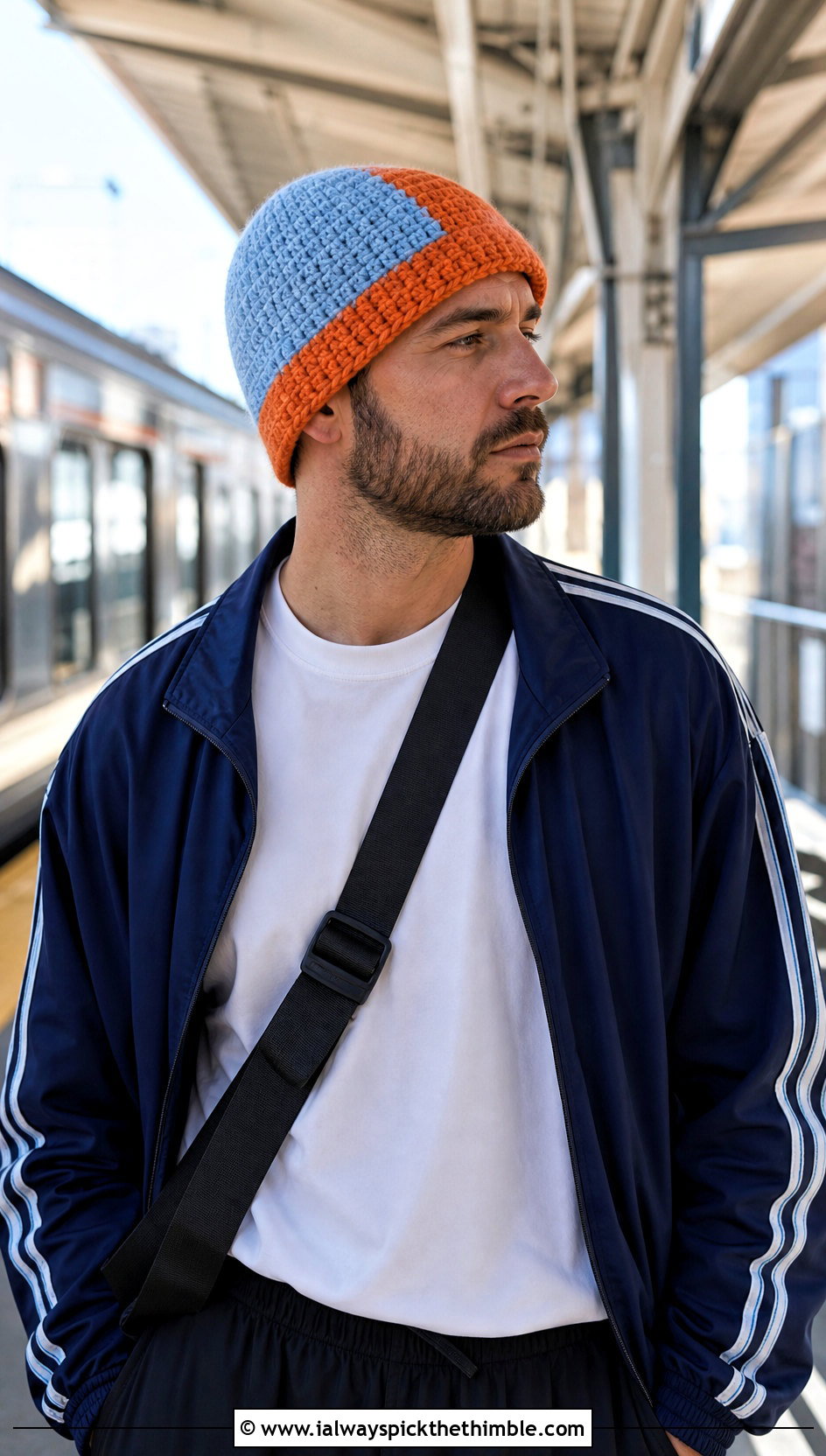 Color Block Crochet Beanie With Track Jacket - 25 crochet hat for man outfit ideas