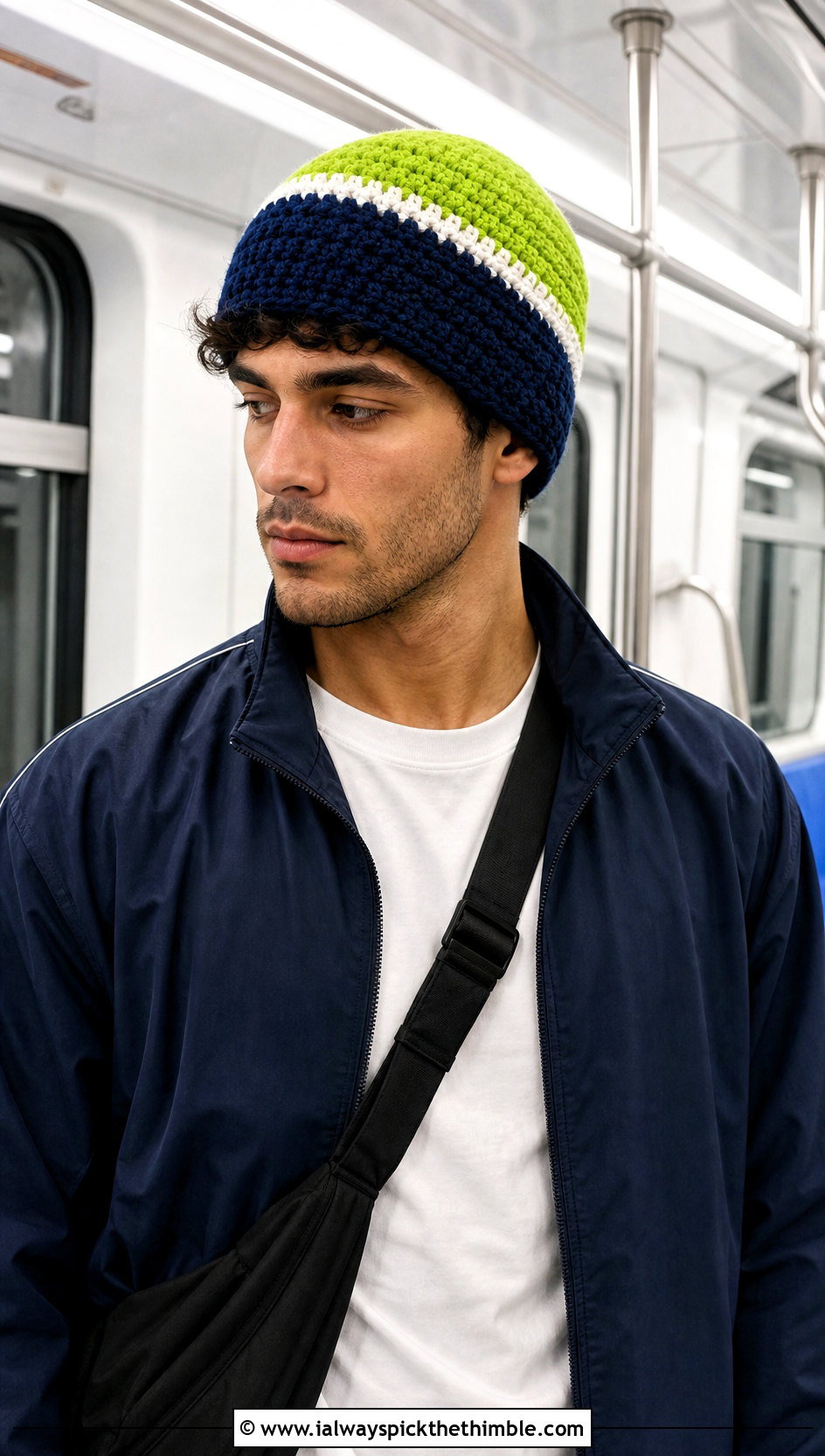 Color Block Crochet Beanie With Track Jacket - 20 crochet for men's beanies outfit ideas