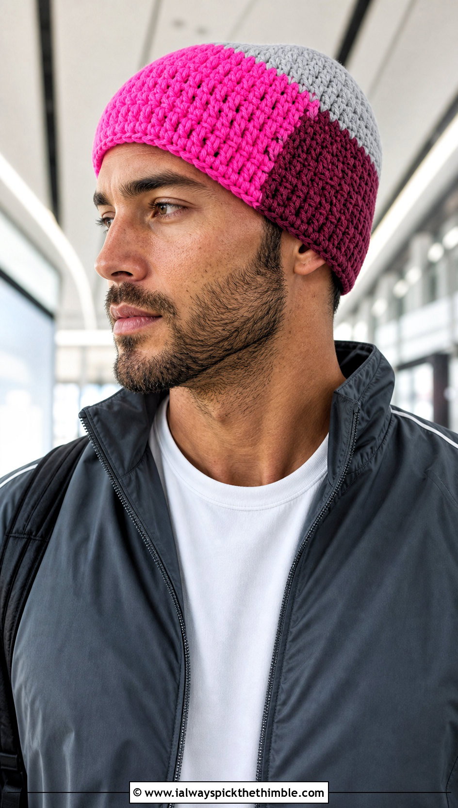 Color Block Crochet Beanie With Tracksuit - 20 crochet man beanie outfit ideas