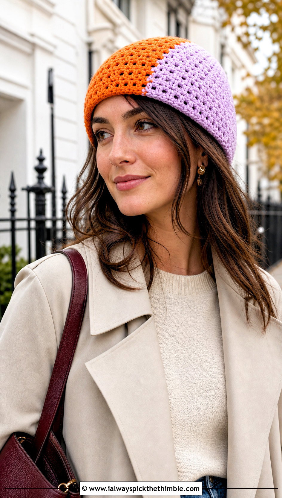 Color Block Crochet Beanie With Trench Coat And Midi Skirt - 15 Crochet Lightweight Beanie outfit ideas